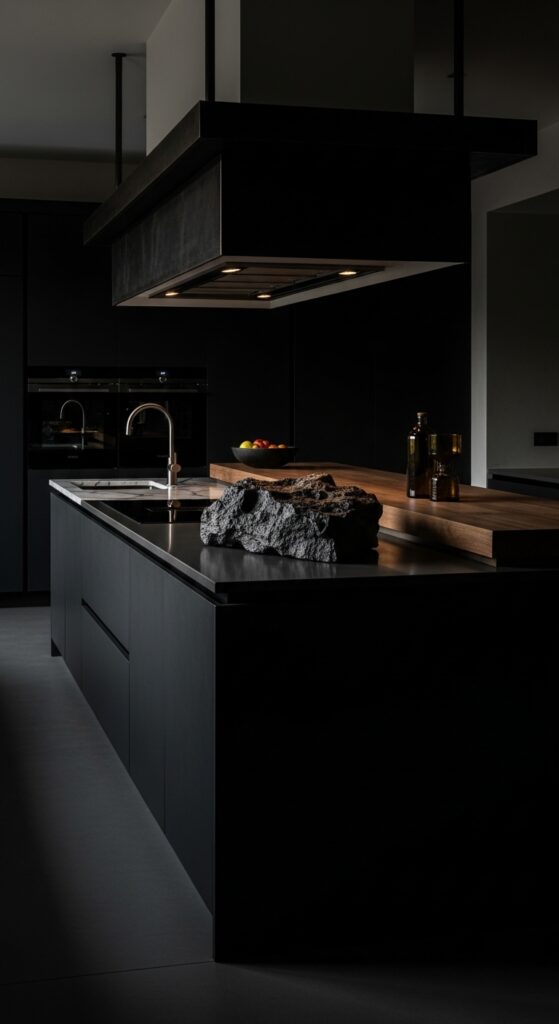 Moody kitchen with deep navy cabinets, black matte finishes, brass hardware, and dramatic lighting, transforming the cooking space into a masterpiece