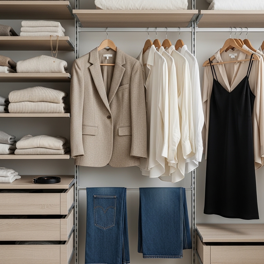 Luxury lifestyle scene featuring elegant home interior with premium coffee setup, designer wardrobe, fresh flowers, and spa-like bathroom for elevated everyday living