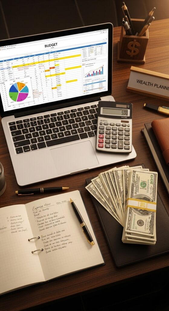 Millionaire lifestyle habits including early morning routine, reading, financial planning, fitness, and goal setting for life transformation