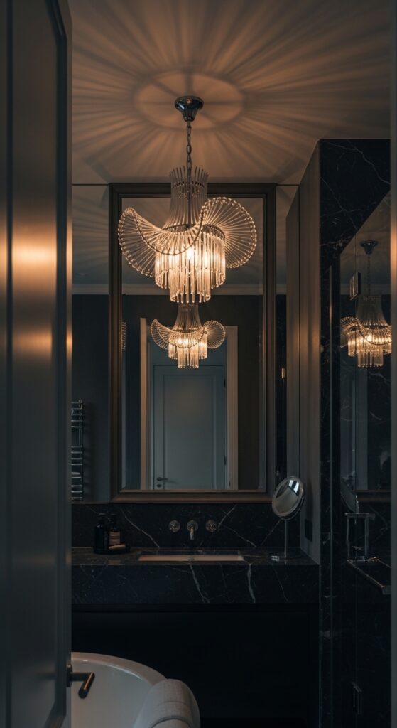 Moody bathroom with deep dark walls, statement lighting, black vanity, and freestanding tub transforming space into dramatic sanctuary