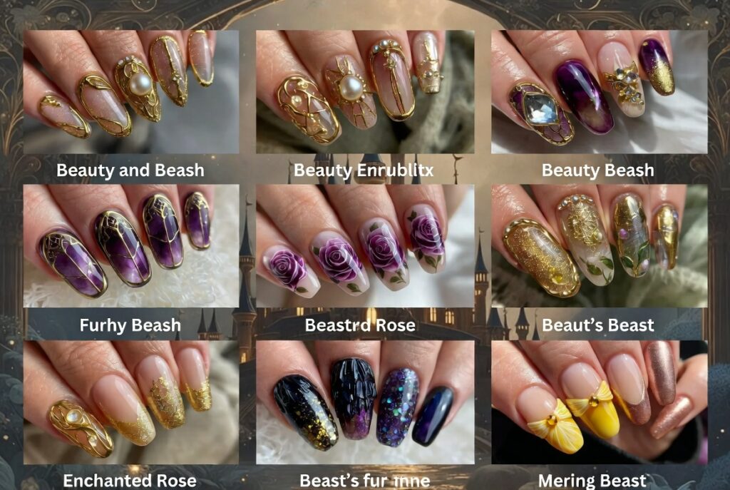 Beauty and the Beast nail ideas 2026 featuring dramatic coffin-shaped acrylic nails with intricate 3D enchanted rose designs in deep red and gold on a dark background with green leaves and stems