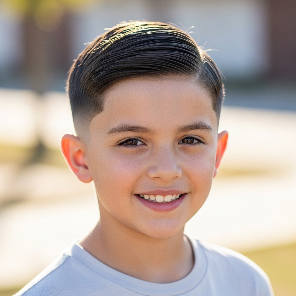 Young boy with straight hair sporting a fresh low taper fade haircut, featuring short faded sides and longer styled top.