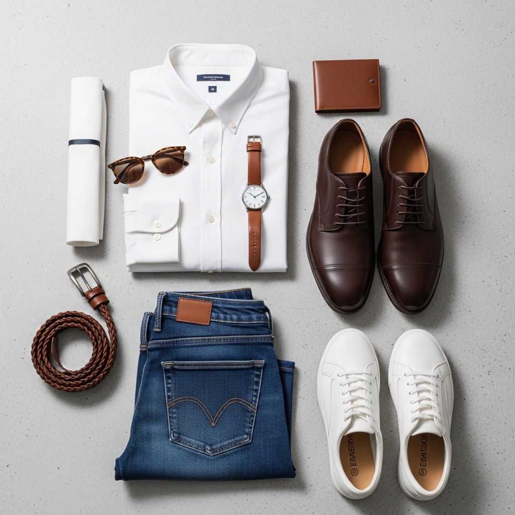 A professionally styled Men's Flat Lay Outfit featuring dark wash jeans, a white t-shirt, a denim jacket, brown leather boots, and accessories arranged on a neutral wooden background.