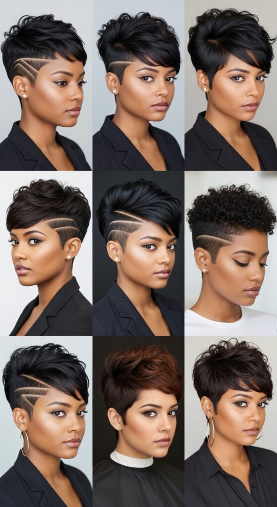 A confident black woman showcasing a stunning pixie haircut for black women with tapered sides and voluminous curly top, ideal for round faces and low-maintenance natural hair styling.