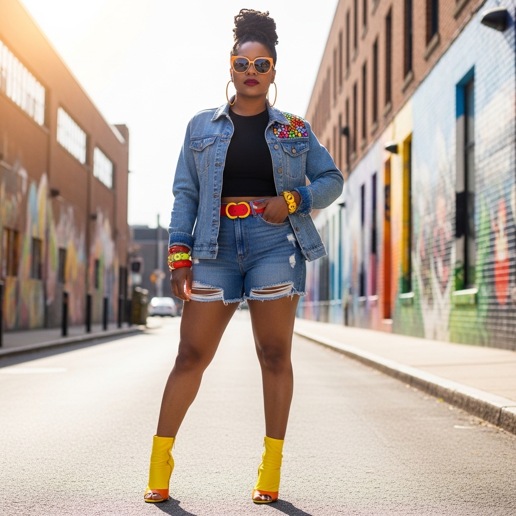 A stylish woman poses confidently in a casual summer jorts outfit women's, featuring high-waisted denim shorts paired with a simple white t-shirt and trendy accessories.