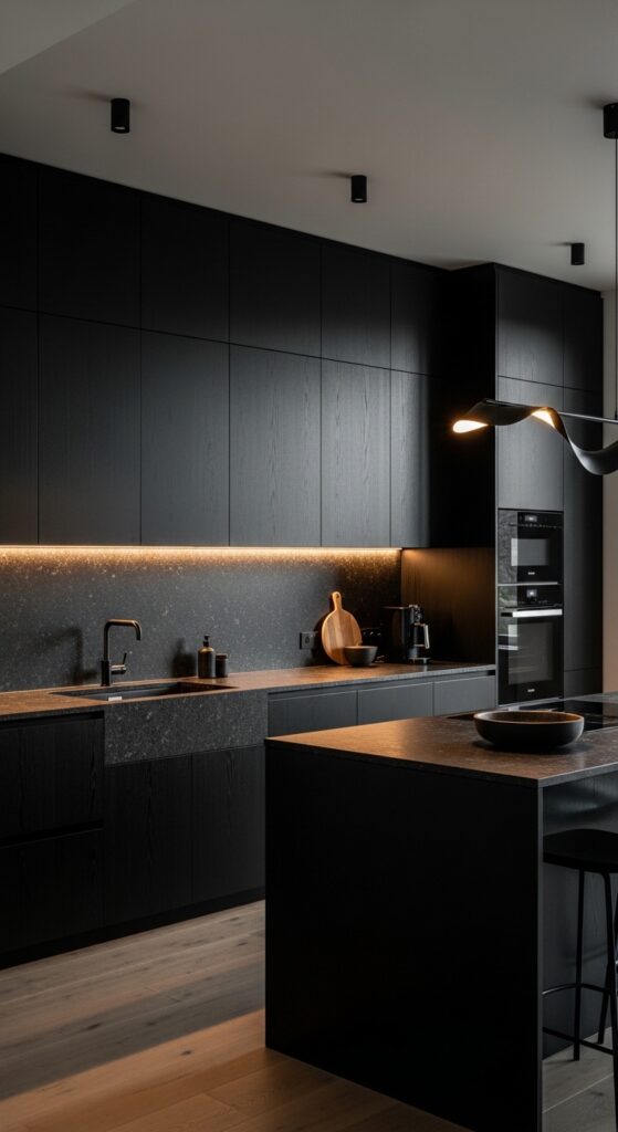 Moody kitchen with deep navy cabinets, black matte finishes, brass hardware, and dramatic lighting, transforming the cooking space into a masterpiece
