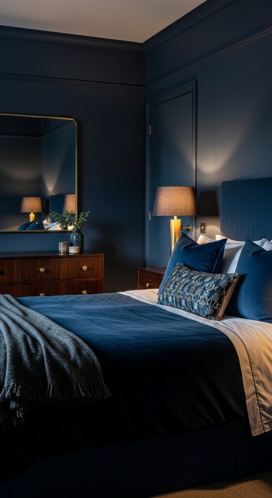 Moody bedroom with dark dramatic walls, ambient lighting, velvet textures, and luxurious bedding transforming sleep space into retreat