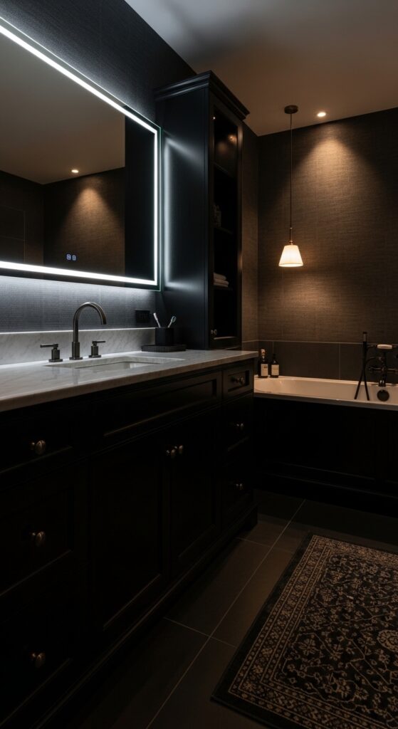 Moody bathroom with deep dark walls, statement lighting, black vanity, and freestanding tub transforming space into dramatic sanctuary