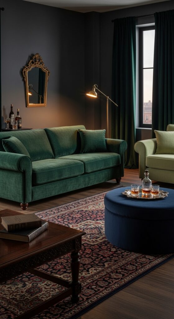 12+ moody living room ideas featuring dark walls, velvet furniture, layered lighting, and rich textures for dramatic haven transformation