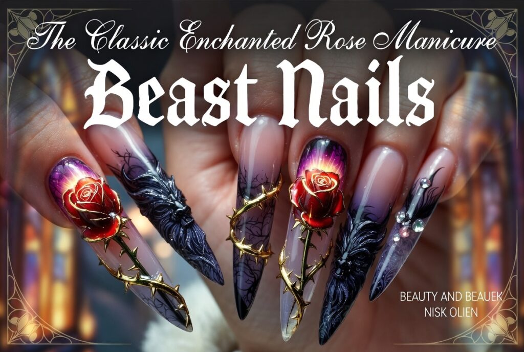 Beauty and the Beast nail ideas 2026 featuring dramatic coffin-shaped acrylic nails with intricate 3D enchanted rose designs in deep red and gold on a dark background with green leaves and stems
