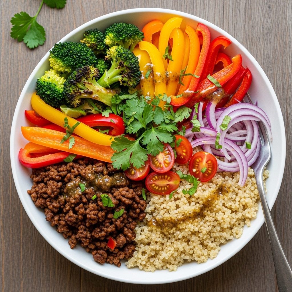 A delicious spread of various ground beef recipes including sizzling skillet meals, hearty family dinners, and kid-friendly dishes served on a rustic wooden table.