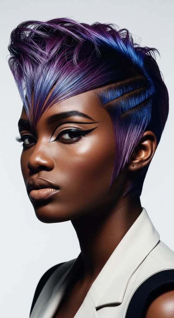 A confident black woman showcasing a stunning pixie haircut for black women with tapered sides and voluminous curly top, ideal for round faces and low-maintenance natural hair styling.