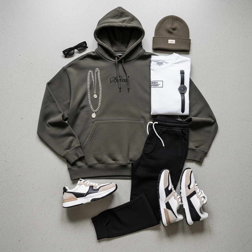 A professionally styled Men's Flat Lay Outfit featuring dark wash jeans, a white t-shirt, a denim jacket, brown leather boots, and accessories arranged on a neutral wooden background.