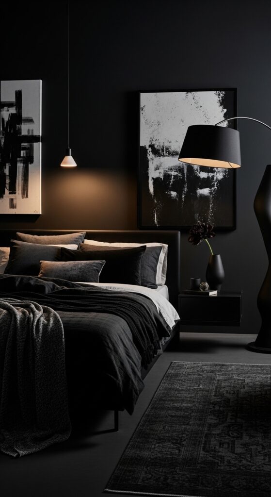 Moody bedroom with dark dramatic walls, ambient lighting, velvet textures, and luxurious bedding transforming sleep space into retreat