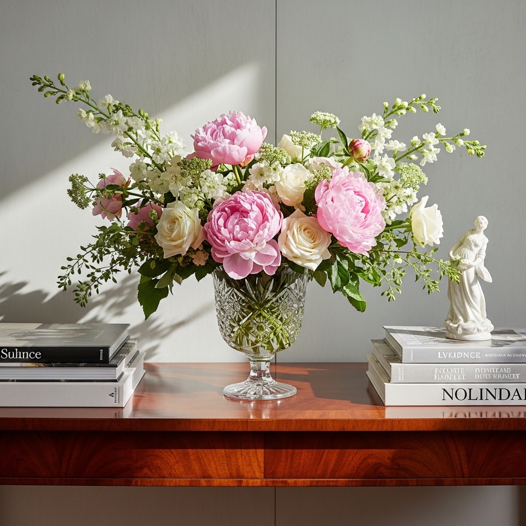 Luxury lifestyle scene featuring elegant home interior with premium coffee setup, designer wardrobe, fresh flowers, and spa-like bathroom for elevated everyday living