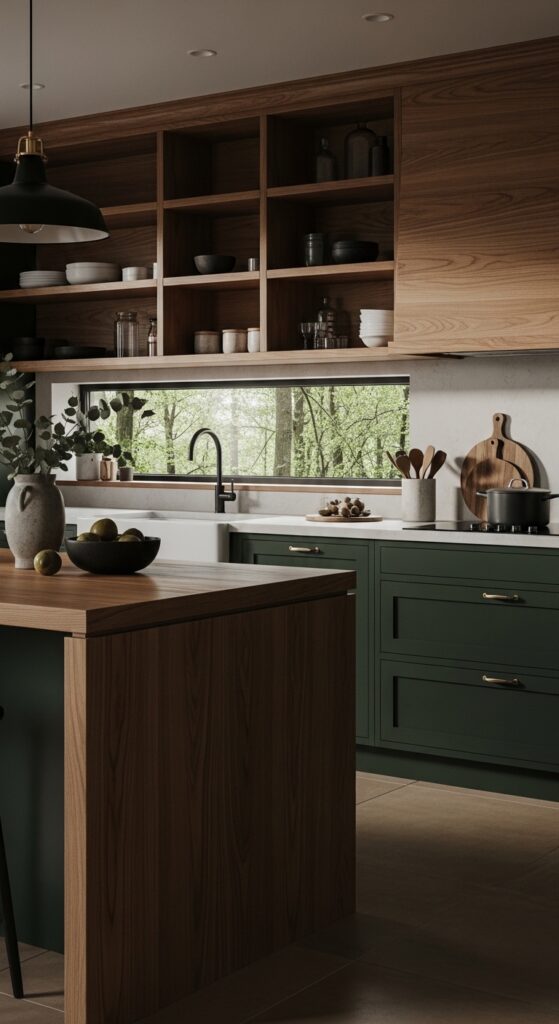 Moody kitchen with deep navy cabinets, black matte finishes, brass hardware, and dramatic lighting, transforming the cooking space into a masterpiece