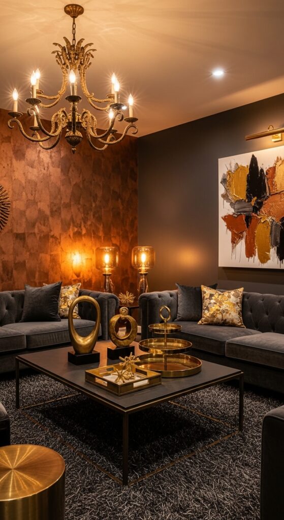 12+ moody living room ideas featuring dark walls, velvet furniture, layered lighting, and rich textures for dramatic haven transformation