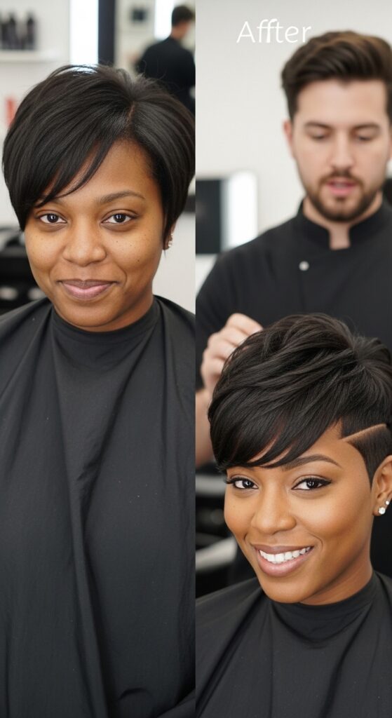 A confident black woman showcasing a stunning pixie haircut for black women with tapered sides and voluminous curly top, ideal for round faces and low-maintenance natural hair styling.