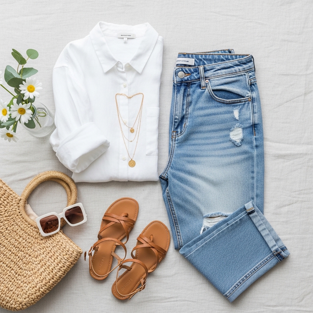 A stylish woman poses confidently in a casual summer jorts outfit women's, featuring high-waisted denim shorts paired with a simple white t-shirt and trendy accessories.