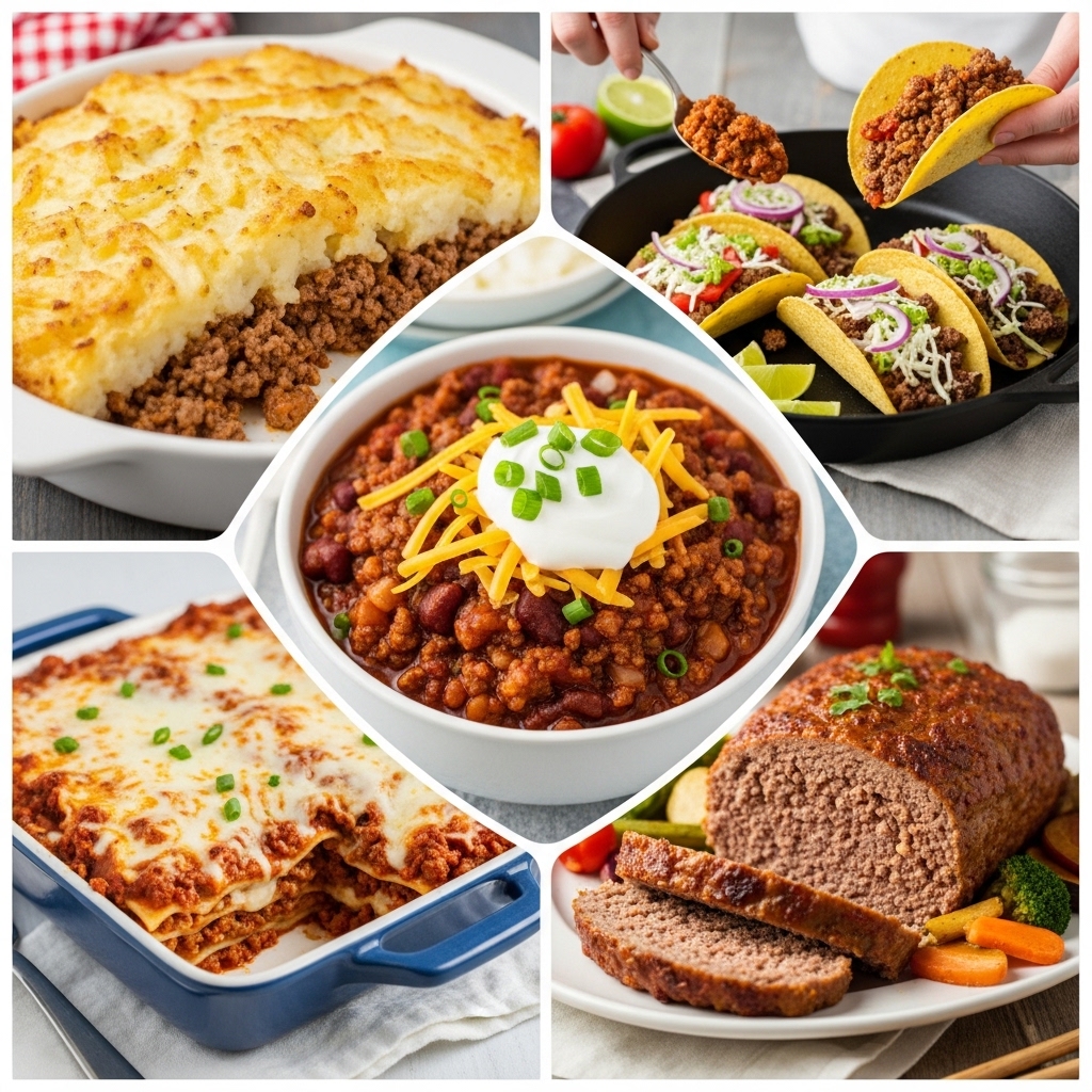 A delicious spread of various ground beef recipes including sizzling skillet meals, hearty family dinners, and kid-friendly dishes served on a rustic wooden table.