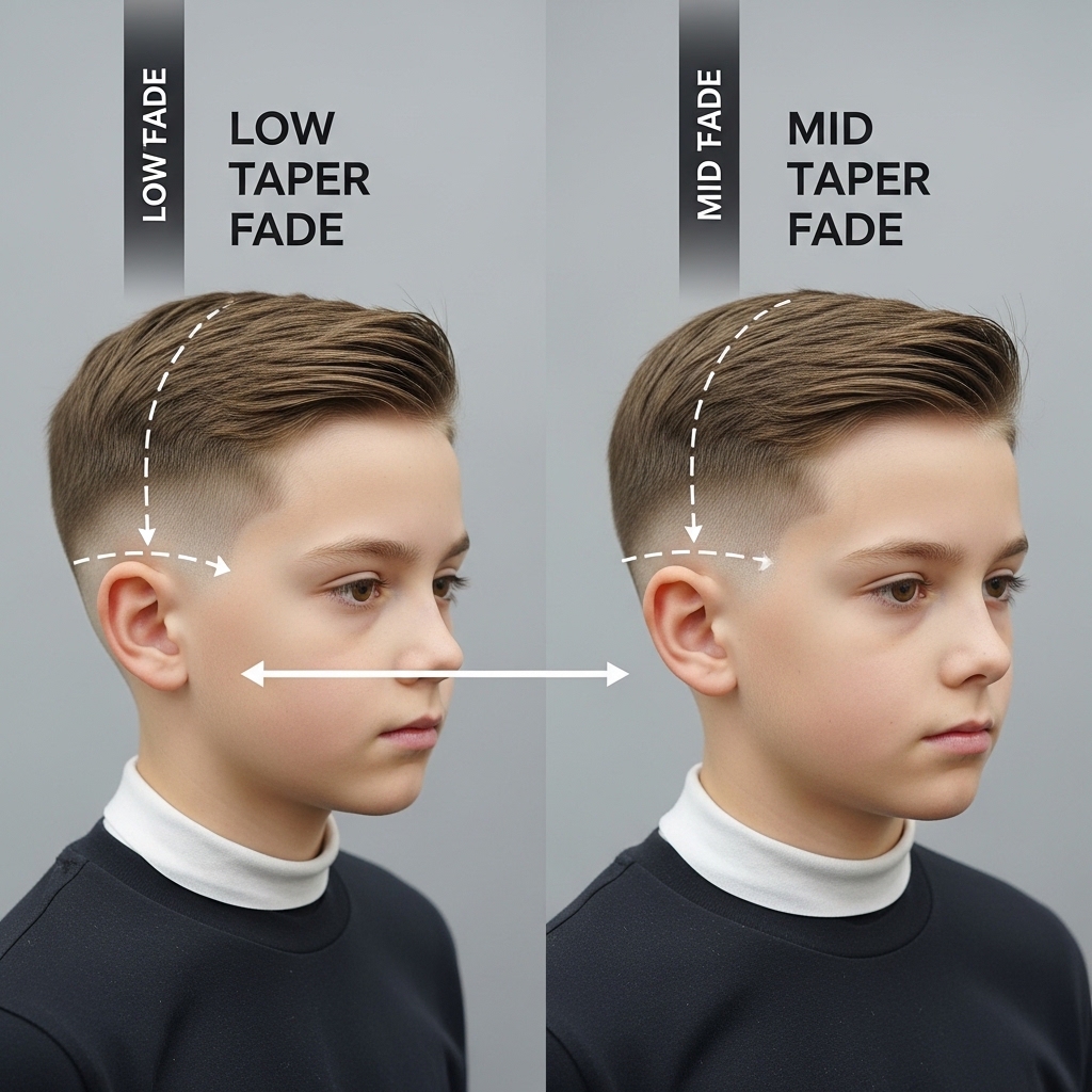 Young boy with straight hair sporting a fresh low taper fade haircut, featuring short faded sides and longer styled top.