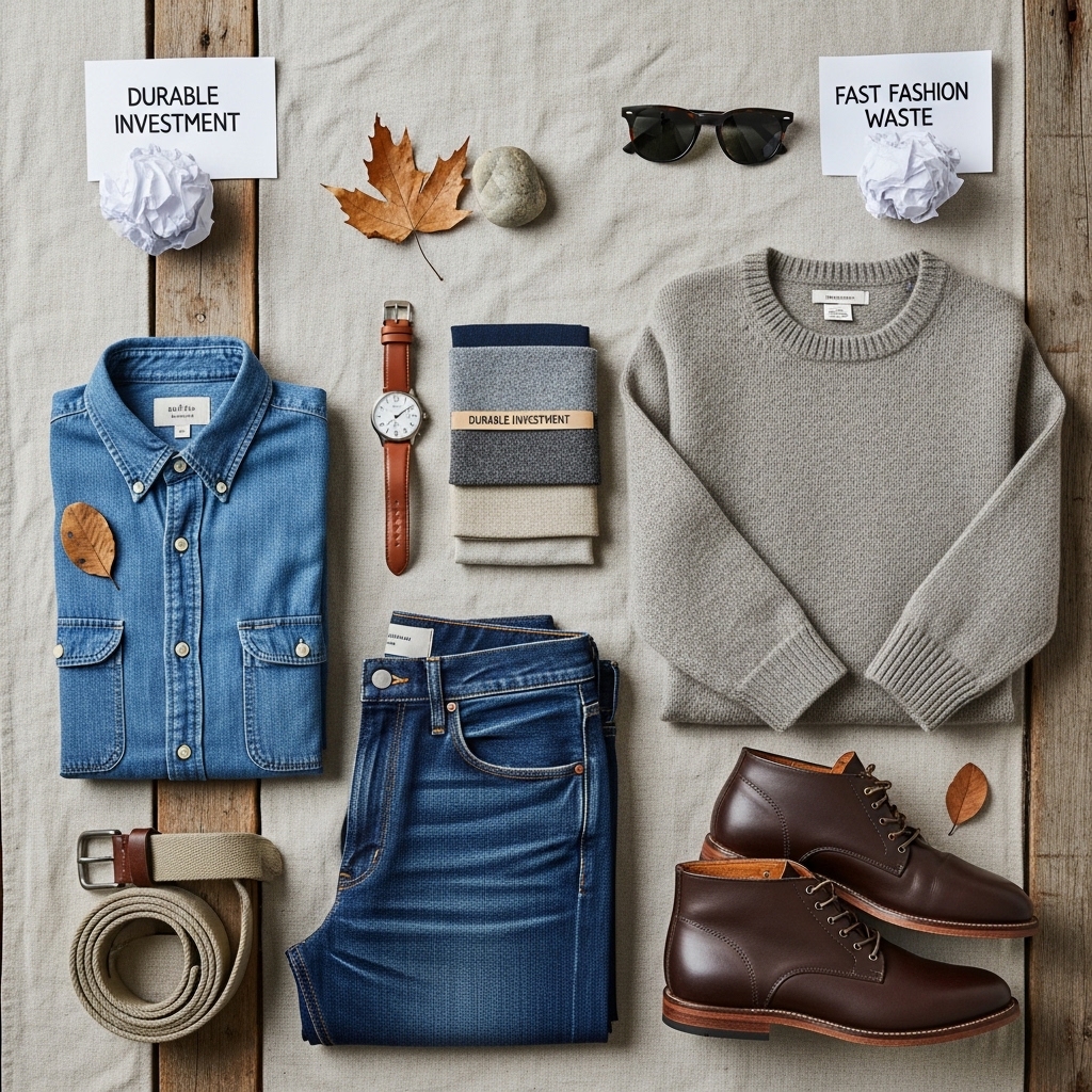 A professionally styled Men's Flat Lay Outfit featuring dark wash jeans, a white t-shirt, a denim jacket, brown leather boots, and accessories arranged on a neutral wooden background.