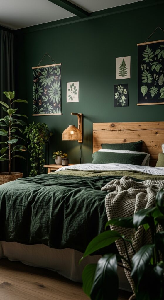 Moody bedroom with dark dramatic walls, ambient lighting, velvet textures, and luxurious bedding transforming sleep space into retreat