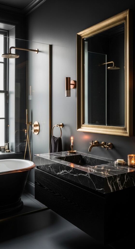 Moody bathroom with deep dark walls, statement lighting, black vanity, and freestanding tub transforming space into dramatic sanctuary
