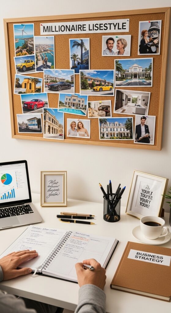 Millionaire lifestyle habits including early morning routine, reading, financial planning, fitness, and goal setting for life transformation