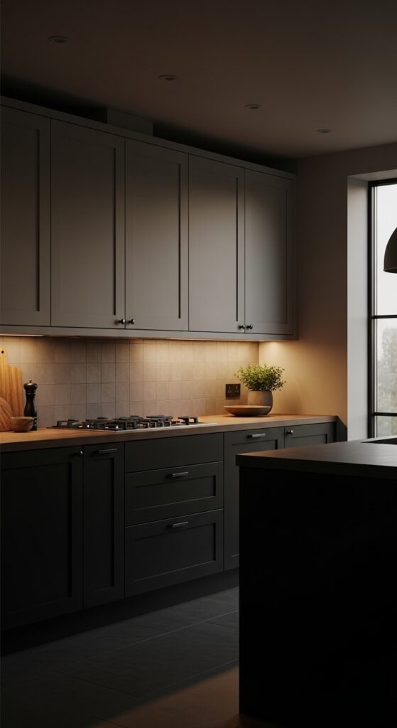 Moody kitchen with deep navy cabinets, black matte finishes, brass hardware, and dramatic lighting, transforming the cooking space into a masterpiece