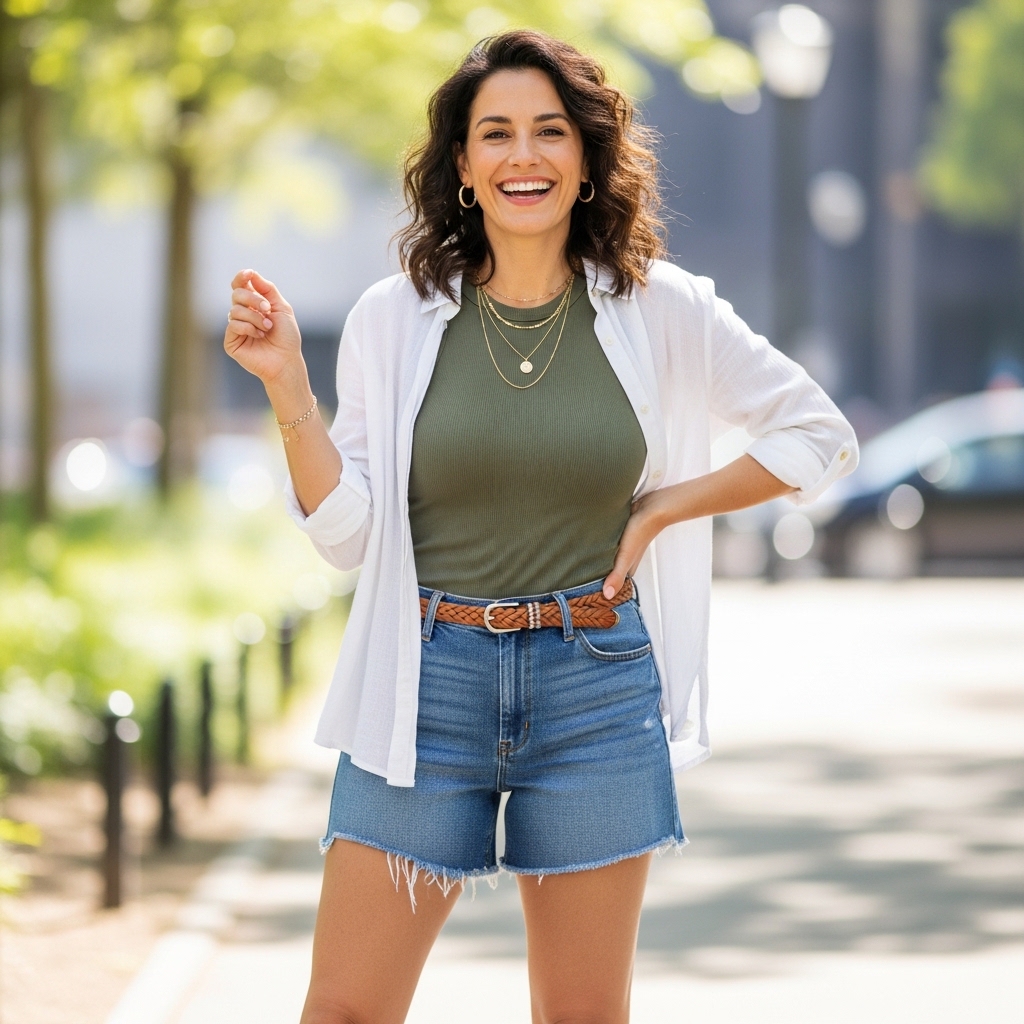A stylish woman poses confidently in a casual summer jorts outfit women's, featuring high-waisted denim shorts paired with a simple white t-shirt and trendy accessories.
