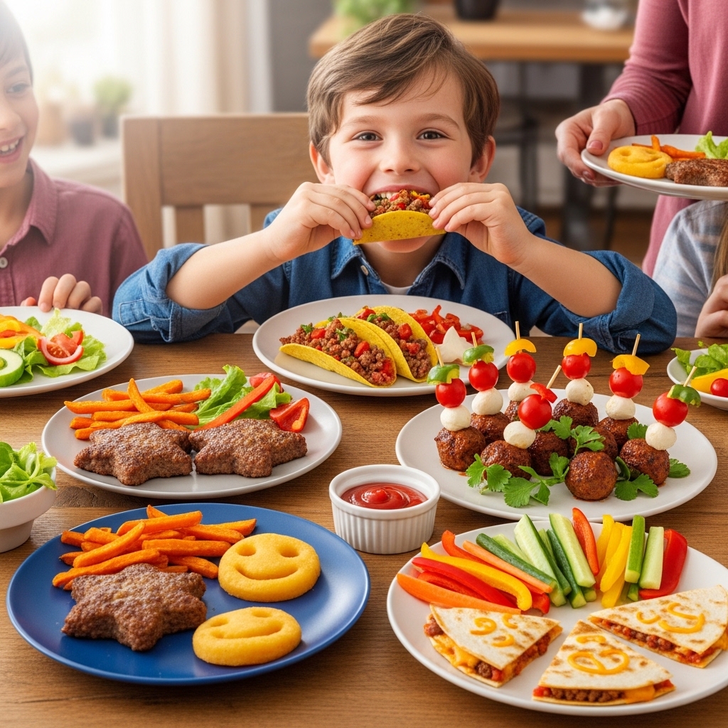 A delicious spread of various ground beef recipes including sizzling skillet meals, hearty family dinners, and kid-friendly dishes served on a rustic wooden table.