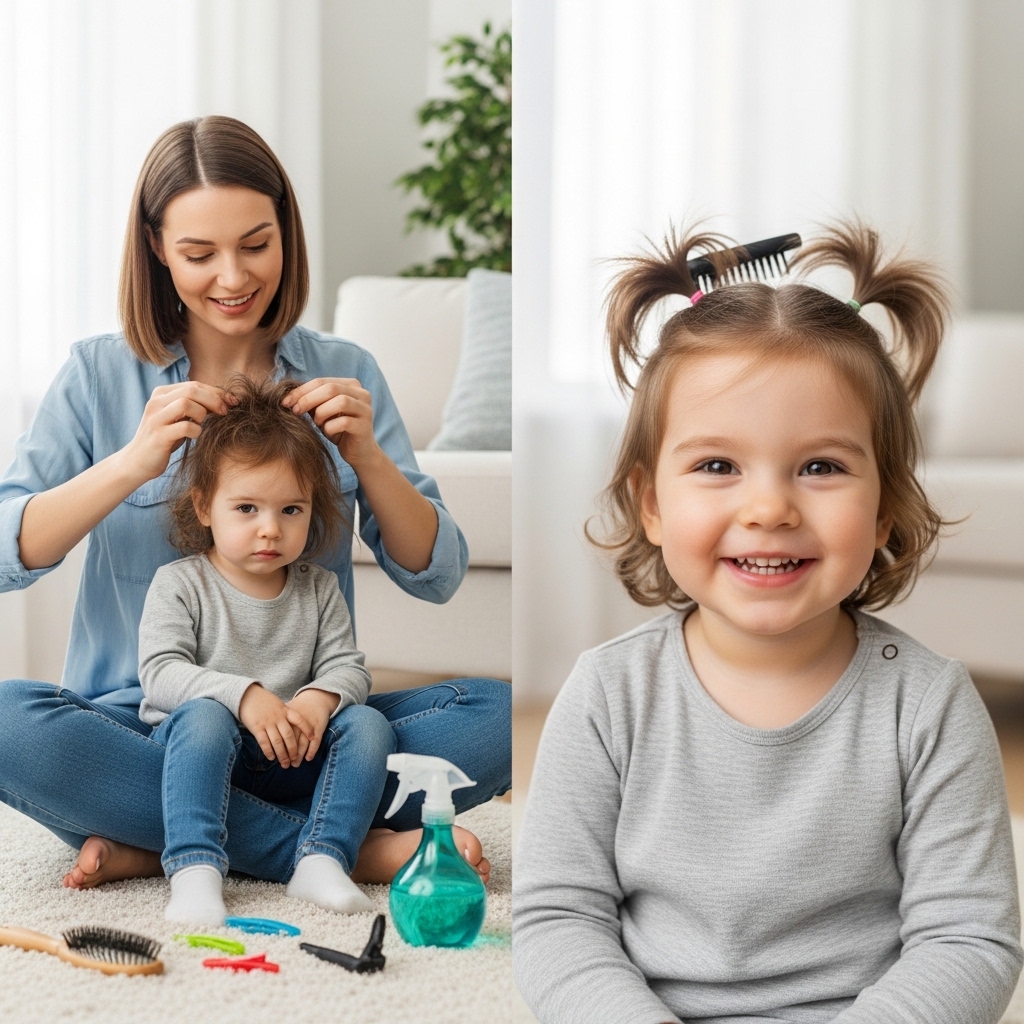 A mother gently styling her daughter's hair while the toddler sits happily with a bow in her hand, showcasing easy toddler hairstyles girl ideas for simple and easy looks, black hair, curly textures, and short hair, with a step-by-step tutorial approach
