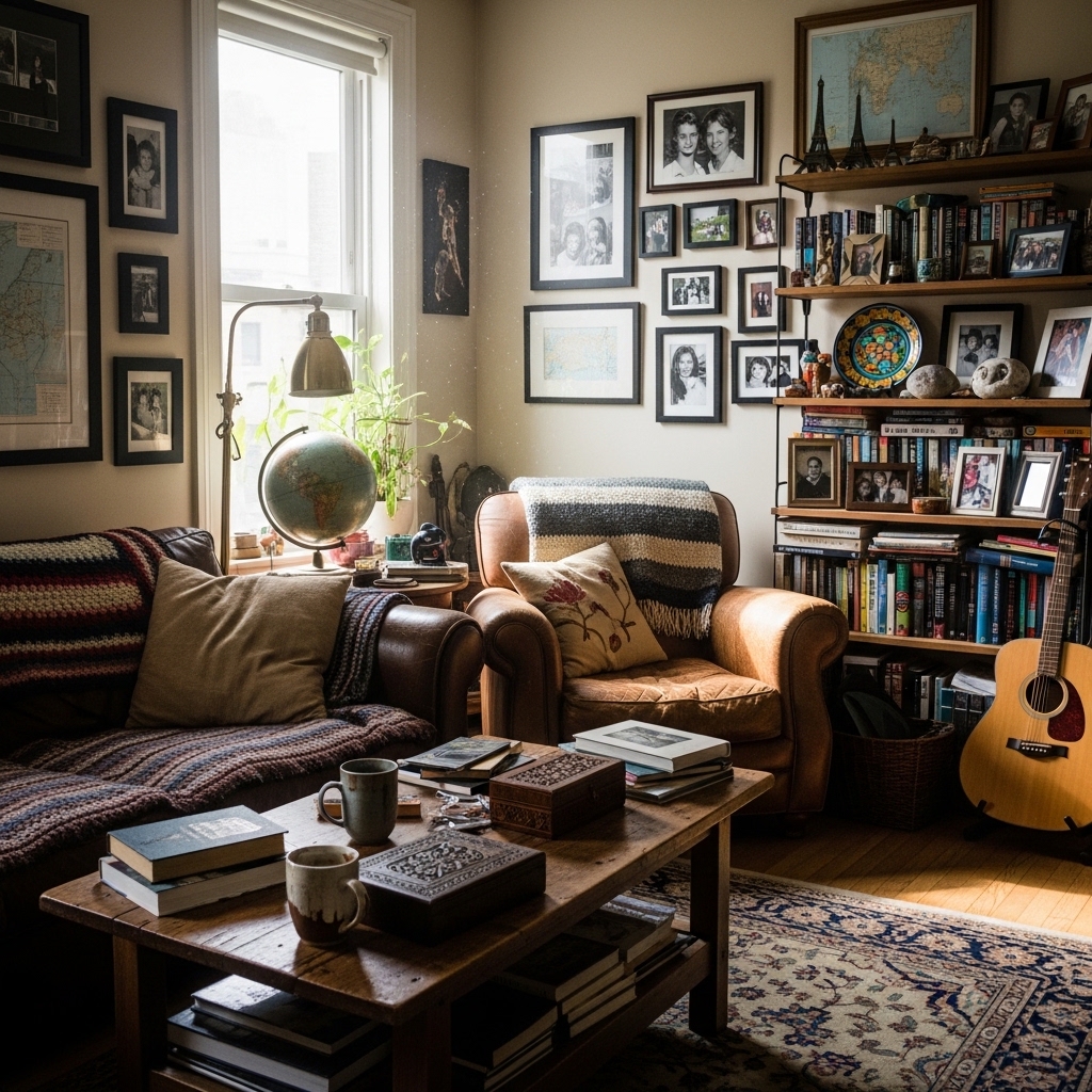 Home interior design styling details with decorative accessories, textured textiles, and thoughtful placement on a coffee table