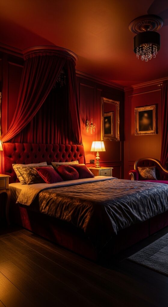 Moody bedroom with dark dramatic walls, ambient lighting, velvet textures, and luxurious bedding transforming sleep space into retreat