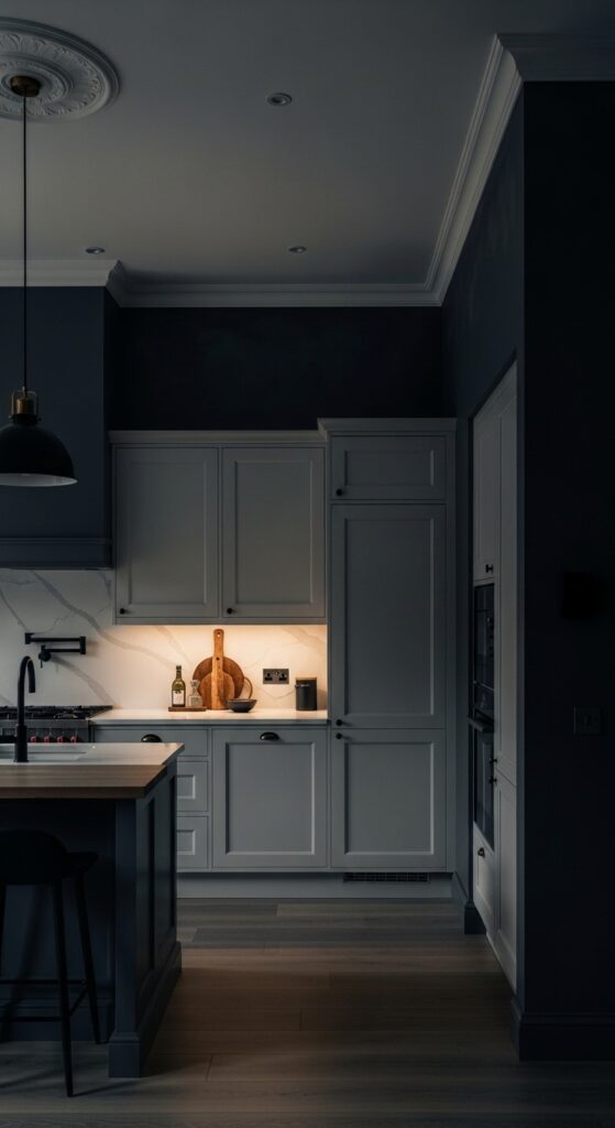 Moody kitchen with deep navy cabinets, black matte finishes, brass hardware, and dramatic lighting, transforming the cooking space into a masterpiece