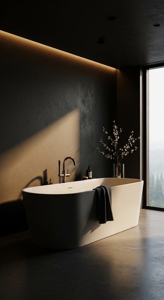 Moody bathroom with deep dark walls, statement lighting, black vanity, and freestanding tub transforming space into dramatic sanctuary
