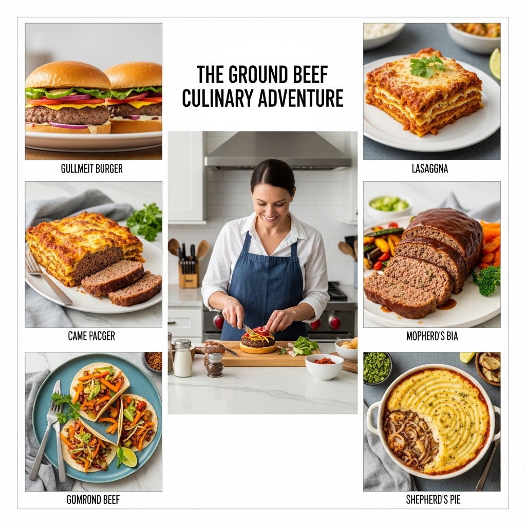 A delicious spread of various ground beef recipes including sizzling skillet meals, hearty family dinners, and kid-friendly dishes served on a rustic wooden table.