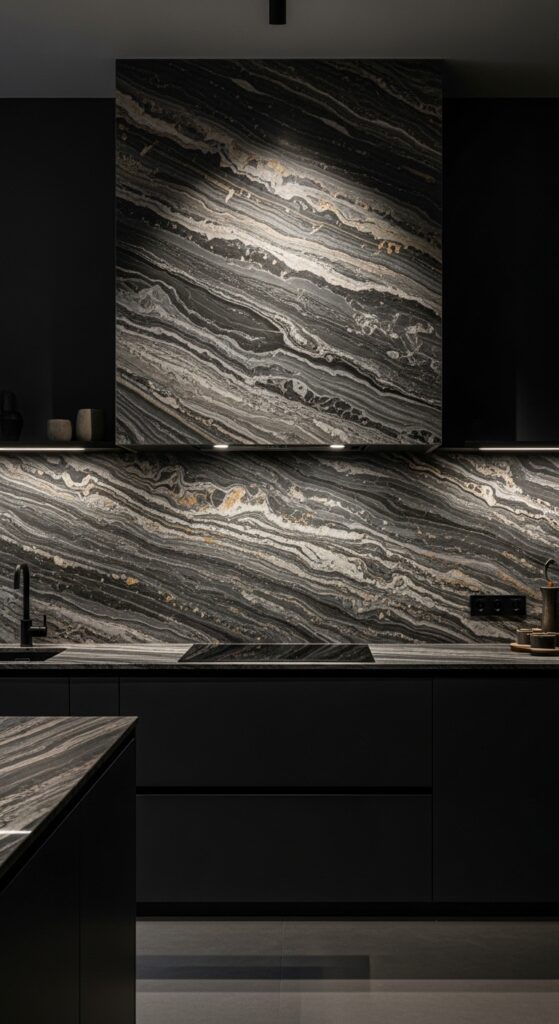 Moody kitchen with deep navy cabinets, black matte finishes, brass hardware, and dramatic lighting, transforming the cooking space into a masterpiece