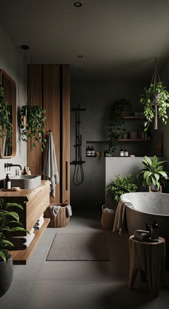 Moody bathroom with deep dark walls, statement lighting, black vanity, and freestanding tub transforming space into dramatic sanctuary