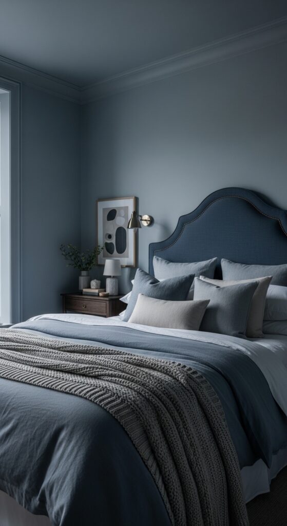 Moody bedroom with dark dramatic walls, ambient lighting, velvet textures, and luxurious bedding transforming sleep space into retreat