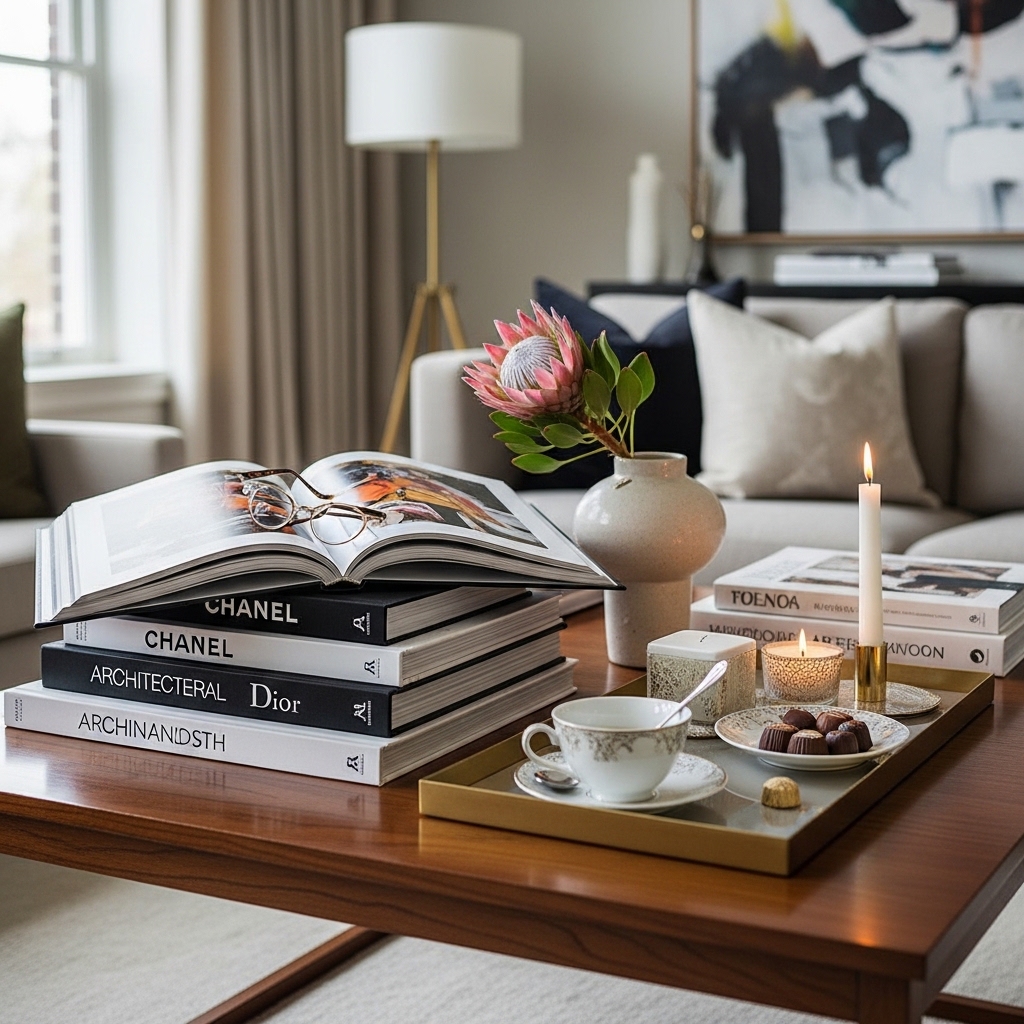 Luxury lifestyle aesthetic interior with minimalist elegance, neutral colors, statement lighting, fresh flowers, and designer decor for elevated everyday experience